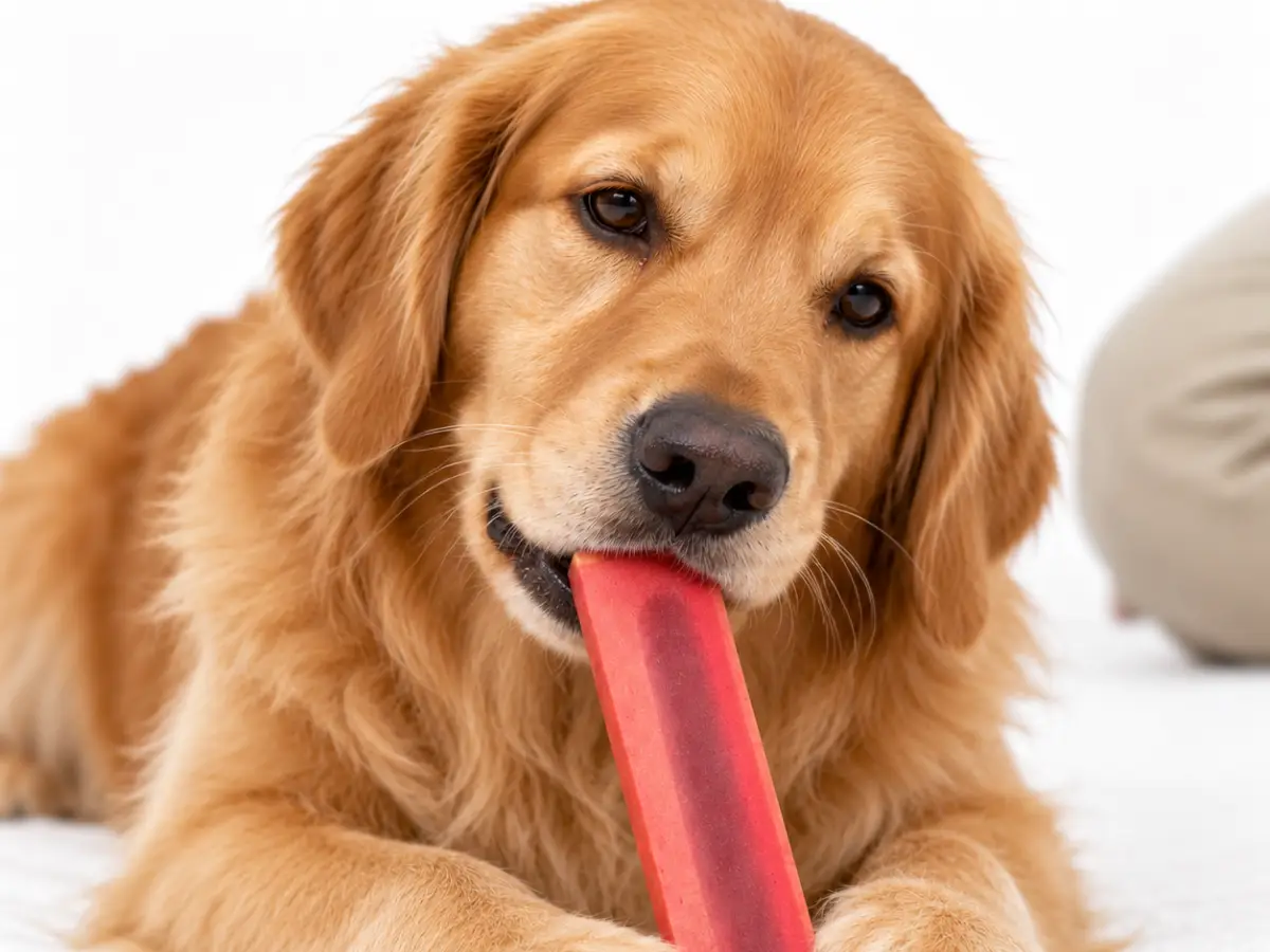 Dog eating a cheese bone