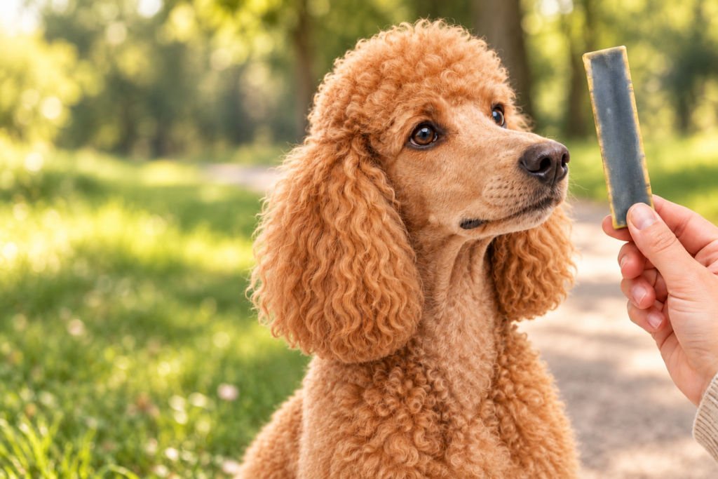 poodle eyeing a chew in the park