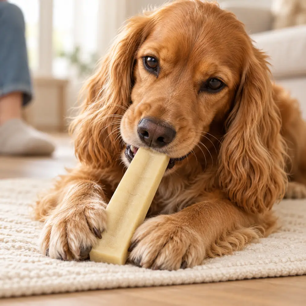 spaniel eating a cheese bone spaniel eating a cheese bone